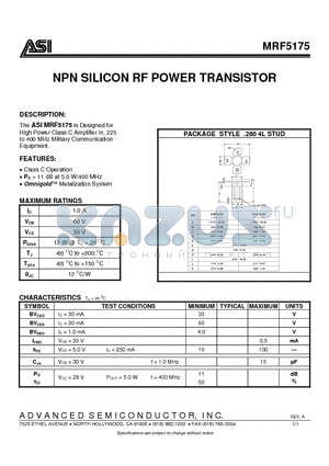 MRF5175 datasheet - 1NPN SILICON RF POWER TRANSISTOR
