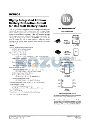 NCP802 datasheet - Highly Integrated Lithium Battery Protection Circuit for One Cell Battery Packs