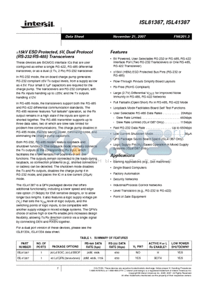ISL81387IAZ datasheet - a15kV ESD Protected, 5V, Dual Protocol (RS-232/RS-485) Transceivers