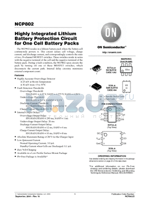 NCP802SAN6T1G datasheet - Highly Integrated Lithium Battery Protection Circuit for One Cell Battery Packs