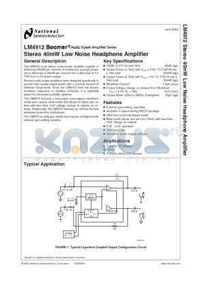 LM4912 datasheet - Stereo 40mW Low Noise Headphone Amplifier