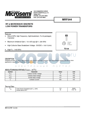 MRF544 datasheet - RF & MICROWAVE DISCRETE LOW POWER TRANSISTORS