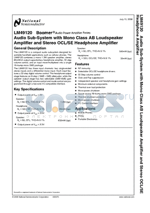 LM49120 datasheet - Audio Sub-System with Mono Class AB Loudspeaker Amplifier and Stereo OCL/SE Headphone Amplifier