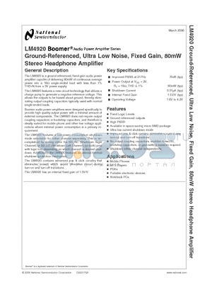 LM4920 datasheet - Ground-Referenced, Ultra Low Noise, Fixed Gain, 80mW Stereo Headphone Amplifier