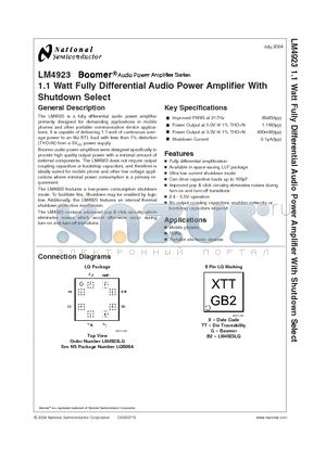 LM4923 datasheet - 1.1 Watt Fully Differential Audio Power Amplifier With Shutdown Select