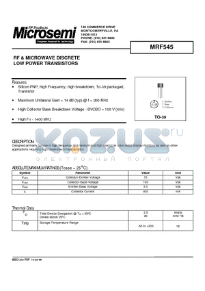 MRF545 datasheet - RF & MICROWAVE DISCRETE LOW POWER TRANSISTORS