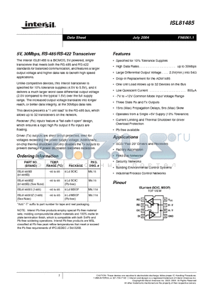 ISL81485 datasheet - 5V, 30Mbps, RS-485/RS-422 Transceiver