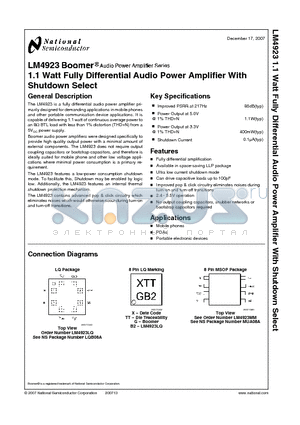 LM4923 datasheet - 1.1 Watt Fully Differential Audio Power Amplifier With Shutdown Select