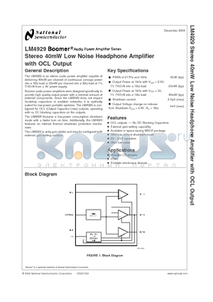 LM4929MM datasheet - Stereo 40mW Low Noise Headphone Amplifier with OCL Output