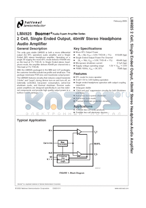 LM4925 datasheet - 2 Cell, Single Ended Output, 40mW Stereo Headphone Audio Amplifier