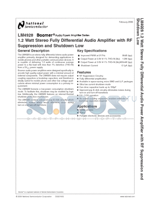 LM4928TL datasheet - 1.2 Watt Stereo Fully Differential Audio Amplifier with RF Suppression and Shutdown Low