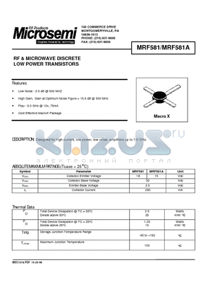 MRF581 datasheet - RF & MICROWAVE DISCRETE LOW POWER TRANSISTORS