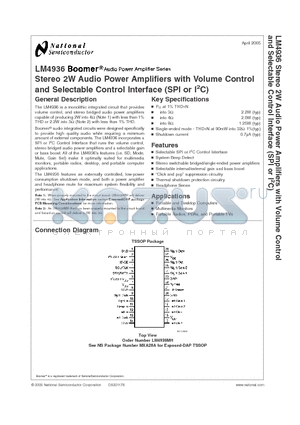 LM4936 datasheet - Stereo 2W Audio Power Amplifiers with Volume Control and Selectable Control Interface (SPI or I2C)