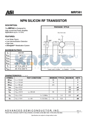 MRF581 datasheet - NPN SILICON RF TRANSISTOR