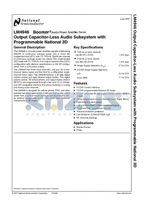 LM4946 datasheet - Output Capacitor-Less Audio Subsystem with Programmable National 3D
