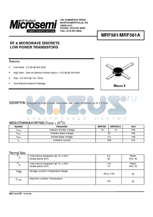 MRF581A datasheet - RF & MICROWAVE DISCRETE LOW POWER TRANSISTORS
