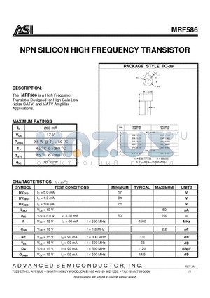 MRF586 datasheet - NPN SILICON HIGH FREQUENCY TRANSISTOR