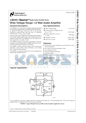 LM4951 datasheet - Wide Voltage Range 1.8 Watt Audio Amplifier