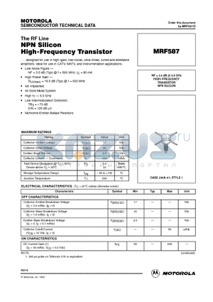MRF587 datasheet - HIGH-FREQUENCY TRANSISTOR NPN SILICON