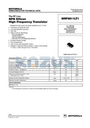 MRF5811LT1 datasheet - LOW NOISE HIGH-FREQUENCY TRANSISTOR NPN SILICON