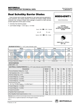 MBD54DWT1 datasheet - 30 VOLTS DUAL HOT.CARRIER DETECTOR AND SWITCHING DIODES