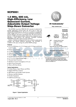 NCP9001 datasheet - 1.5 MHz, 600 mA, High−Efficiency, Low Quiescent Current, Adjustable Output Voltage Step−Down Converter