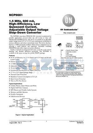 NCP9001SNT1G datasheet - 1.5 MHz, 600 mA, High−Efficiency, Low Quiescent Current, Adjustable Output Voltage Step−Down Converter