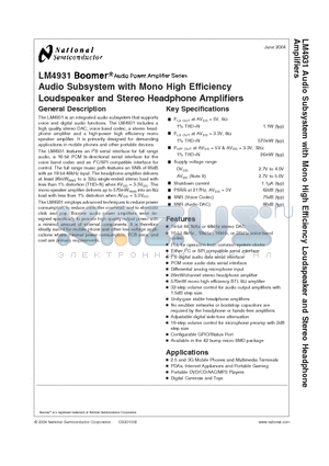 LM4931 datasheet - Audio Subsystem with Mono High Efficiency Loudspeaker and Stereo Headphone Amplifiers