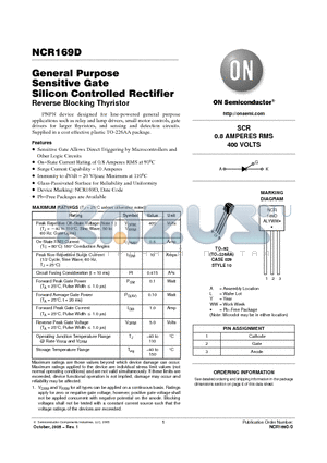 NCR169DRLRM datasheet - General Purpose Sensitive Gate Silicon Controlled Rectifier