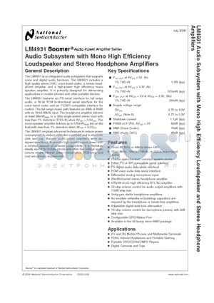LM4931 datasheet - Audio Subsystem with Mono High Efficiency Loudsperker and Stereo Headphone Amplifiers