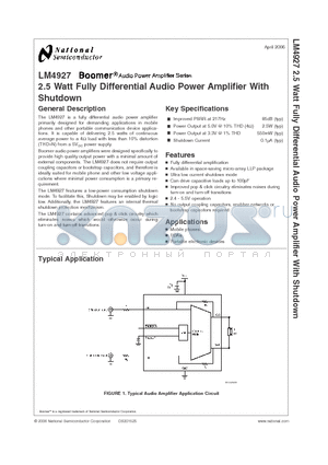 LM4927 datasheet - 2.5 Watt Fully Differential Audio Power Amplifier With Shutdown