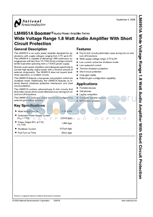 LM4951A datasheet - Wide Voltage Range 1.8 Watt Audio Amplifier With Short Circuit Protection