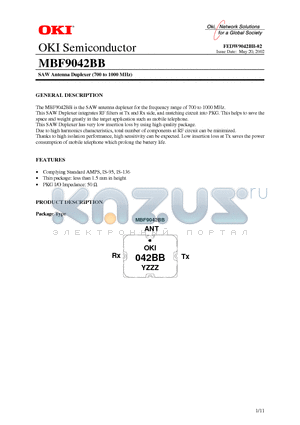 MBF9042BB datasheet - SAW Antenna Duplexer (700 to 1000 MHz)