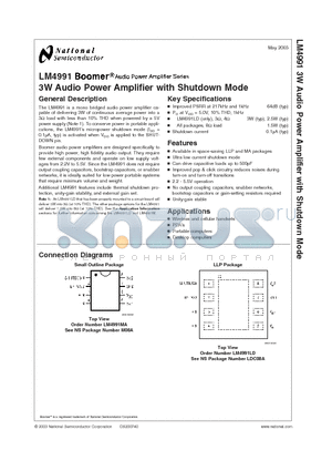 LM4991 datasheet - 3W Audio Power Amplifier with Shutdown Mode