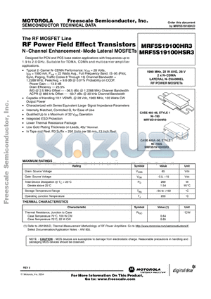 MRF5S19100HR3 datasheet - The RF MOSFET Line RF Power Field Effect Transistors N-Channel Enhancement-Mode Lateral MOSFETs