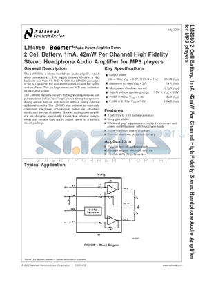 LM4980SD datasheet - 2 Cell Battery, 1mA, 42mW Per Channel High Fidelity Stereo Headphone Audio Amplifier for MP3 players