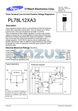 PL78L12BA3 datasheet - Three Terminal Low Current Positive Voltage Regulators