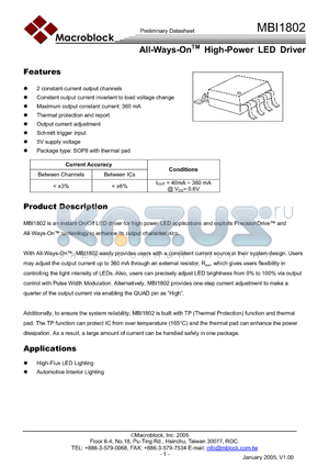 MBI1802 datasheet - All-Ways-OnTM High-Power LED Driver