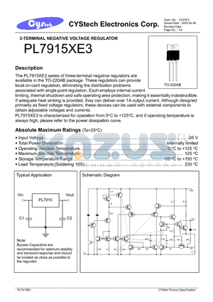 PL7915XE3 datasheet - 3-TERMINAL NEGATIVE VOLTAGE REGULATOR