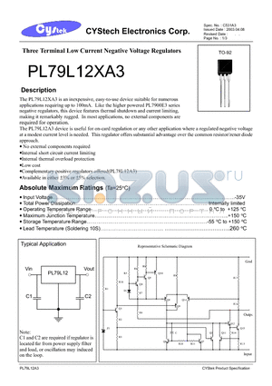 PL79L12XA3 datasheet - Three Terminal Low Current Negative Voltage Regulators