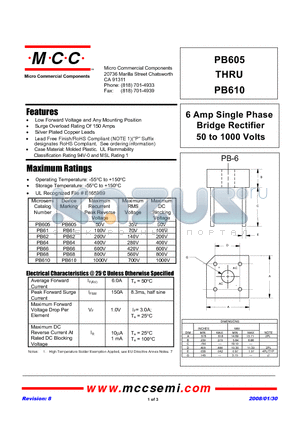 PB605 datasheet - 6 Amp Single Phase Bridge Rectifier 50 to 1000 Volts