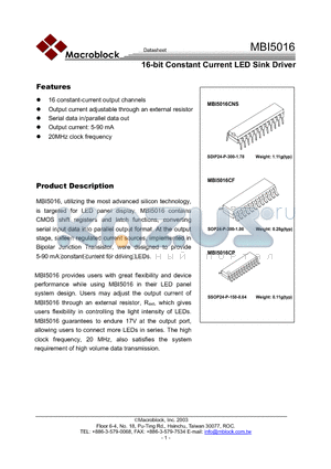 MBI5016 datasheet - 16-bit Constant Current LED Sink Driver