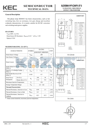 KHB019N20F1 datasheet - N CHANNEL MOS FIELD EFFECT TRANSISTOR