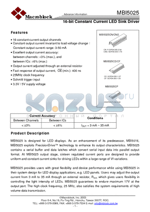 MBI5025 datasheet - 16-bit Constant Current LED Sink Driver