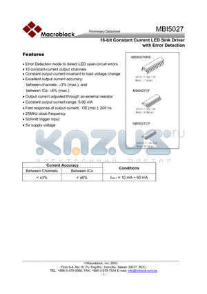 MBI5027 datasheet - 16 BIT CONSTANT CURRENT LED SINK DRIVER WITH ERROR DETECTION