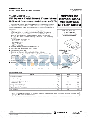 MRF5S21130S datasheet - The RF MOSFET Line RF Power Field Effect Transistor N-Channel Enhancement-Mode Lateral MOSFETs