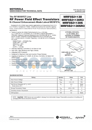 MRF5S21130SR3 datasheet - The RF MOSFET Line RF Power Field Effect Transistor N-Channel Enhancement-Mode Lateral MOSFETs