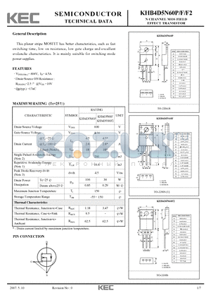 KHB4D5N60F datasheet - N CHANNEL MOS FIELD EFFECT TRANSISTOR