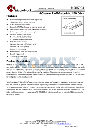 MBI5031 datasheet - 16-Channel PWM-Embedded LED Driver