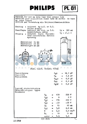 PL81 datasheet - PENTODE FOR USE AS LINE TIME BASE OUTPUT TUBE